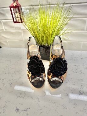 ANTONIO MELANI Leopard Print Peep-Toe Slingbacks with Black Floral Accent